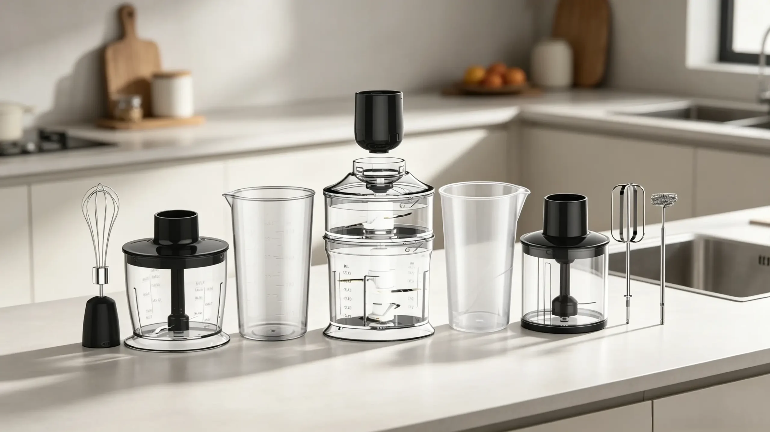 Multi-accessory hand blender attachments including chopper, whisk and beaker